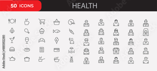 Essential health and wellness icons for medical services, fitness, and healthy lifestyle promotion.