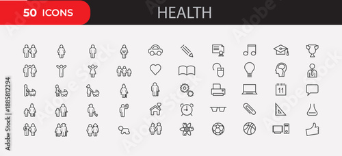 Diverse health icons representing people, family, education, and daily life activities in a clean vector style.