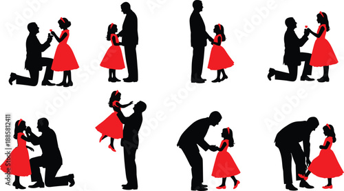 Father and daughter silhouettes, love moments, red dress girl, family bond, proposal style poses, black vector illustration set collection