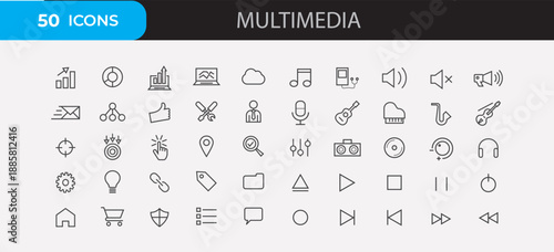 Multimedia icons for audio, video, and digital content creation, including music, recording, and playback tools.