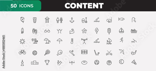 Beach and summer icons for vacation, recreation, and coastal activities, including sports and relaxation.