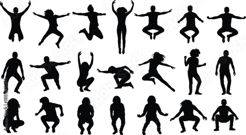 Jumping people silhouettes set, energetic fitness poses, group workout movements, black vector figures, active lifestyle, isolated white background collection