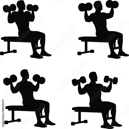 Man lifting dumbbells silhouette set, gym workout training, seated shoulder press exercise, fitness routine, black vector illustration collection design