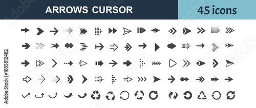 Extensive set of arrow and cursor icons for navigation, direction, and user interface design elements.