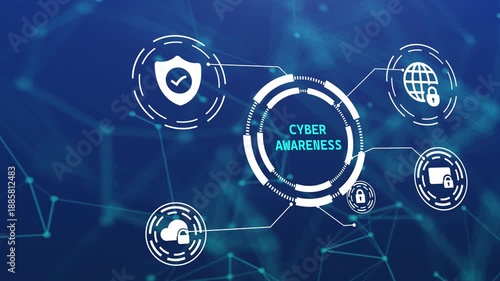 Cyber awareness concept with digital HUD interface and icons for security education, online safety training, and threat prevention on blue background.