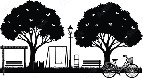 Park landscape silhouette, trees bench swing bicycle, peaceful outdoor scene, urban garden design, black vector illustration, nature background concept