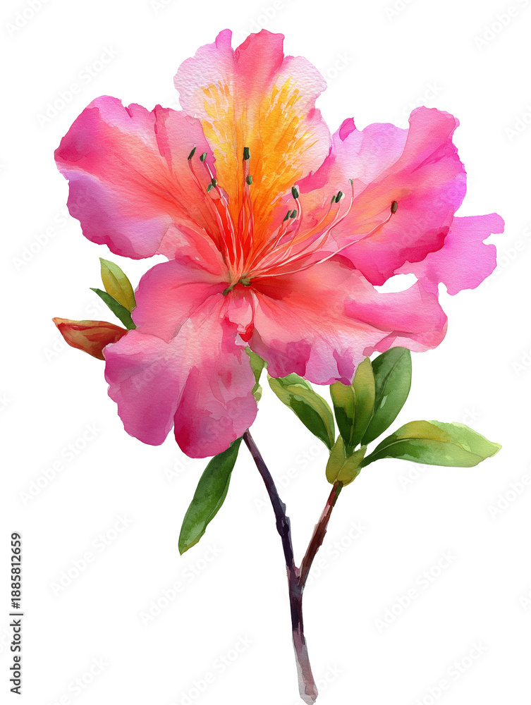 Obraz premium Watercolor illustration of a pink azalea flower. Cut out illustration of summer flower, botanical sketch isolated on transparent background.