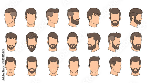 Set of male character head icons showcasing a variety of modern haircuts and facial hair styles from different perspectives and angles.