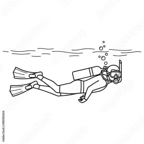 Minimalist Line Art Illustration of a Diver Underwater with Bubbles