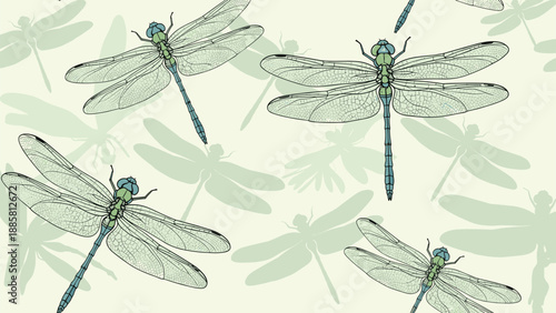 Beautiful seamless pattern of flying dragonflies with delicate wings over a light green background with faint silhouettes of insects.