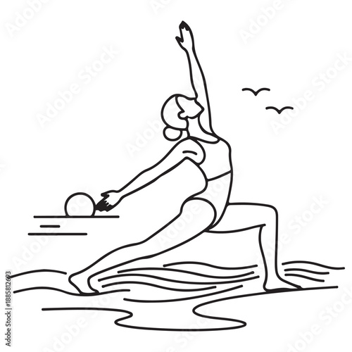 Silhouette illustration of a woman doing a yoga exercise pose featuring black artistic calligraphy and kanji elements for fitness and health