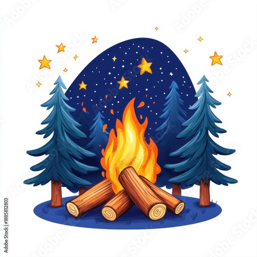 Cozy Campfire Scene with Bright Flames and Starry Night Sky
