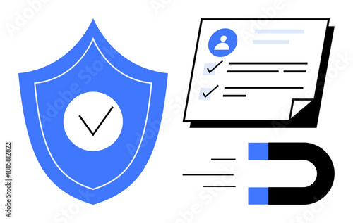 Blue shield with checkmark, checklist document, and magnet. Ideal for security, compliance, user data, trust, customer retention attraction reliability. Simple flat metaphor