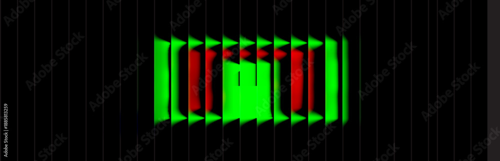 Fototapeta premium Dynamic digital equalizer vector art with vibrant glowing green and red abstract fluid shapes against a dark black background, representing futuristic sound visualization.