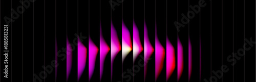Abstract glowing waveform with colorful gradient lights flowing through vertical black segments, representing sound or data on a dark background, digital art
