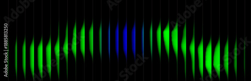 Dynamic abstract sound wave visualization with vibrant green and blue glowing neon light bars arranged across a deep black background, representing digital data flow.