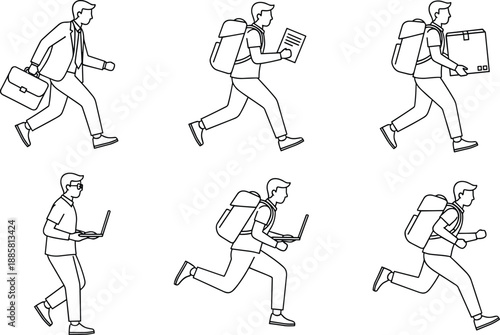 People in motion illustration, walking, running, laptop use, backpack, briefcase, work activity, academic lifestyle, black line art, vector sketch