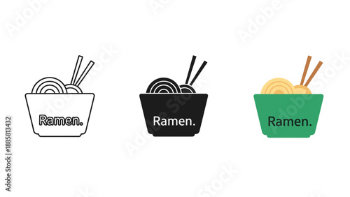 Three ramen noodle bowls with chopsticks in white black and green variations