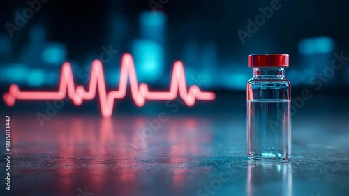 Vaccine vial on a table with a blurred ecg monitor in the background