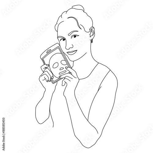 Minimalist line art illustration of a young woman holding a facial sheet mask package. Skincare concept, self-care routine, beauty and wellness.