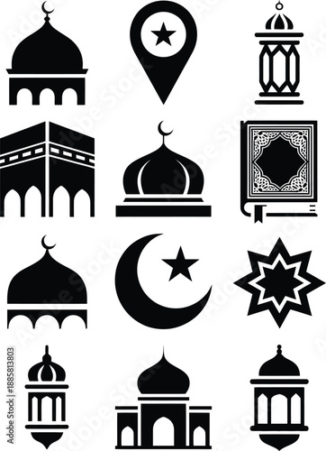 Islamic architecture and symbolism a collection of mosque dome minaret and crescent moon icons