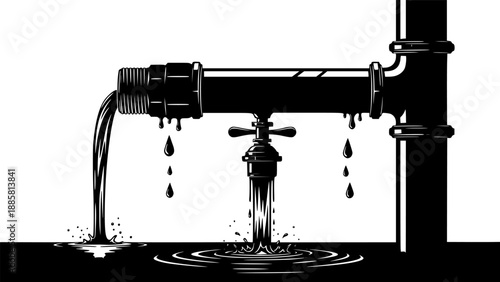 Leaking pipe with flowing water, cartoon illustration isolated on white background. Concept of economical water consumption. Vector illustration, transparent background EPS version.