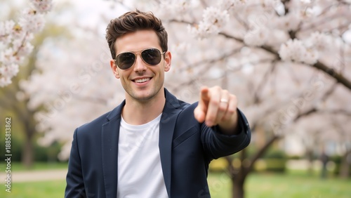Confident young man pointing his finger at the camera. Handsome smiling male model choosing you in a spring park with cherry blossoms. Recruitment and hiring concept