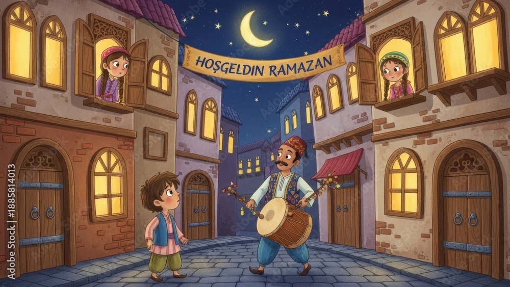 Fototapeta premium Ramadan celebration with family in traditional Turkish street at night