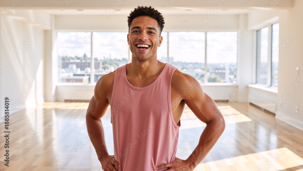 Naklejka premium Happy athletic man smiling at the camera in a fitness studio. Portrait of a confident and muscular young personal trainer in a bright, sunny gym
