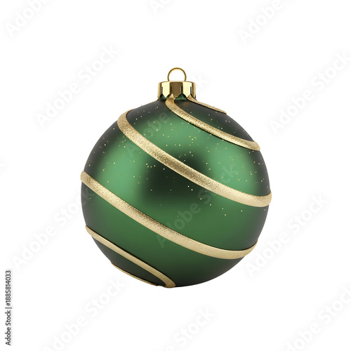Green Christmas ornament with gold ribbon stripes on transparent background