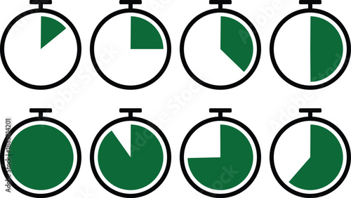 Eight green and white stopwatch icons representing various time intervals or progress stages