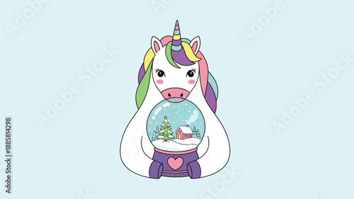 Cute white unicorn with a rainbow mane holding a magical snow globe featuring a snowy house and pine tree on a light blue background.