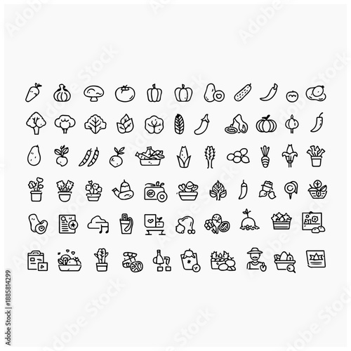 Hand Drawn Doodle Icons Set of Farm, Food, and Produce.