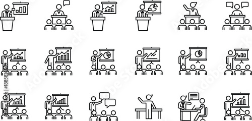 Presentation meeting icon set, business lecture data chart silhouettes, communication vector bundle, graphic corporate training design pack