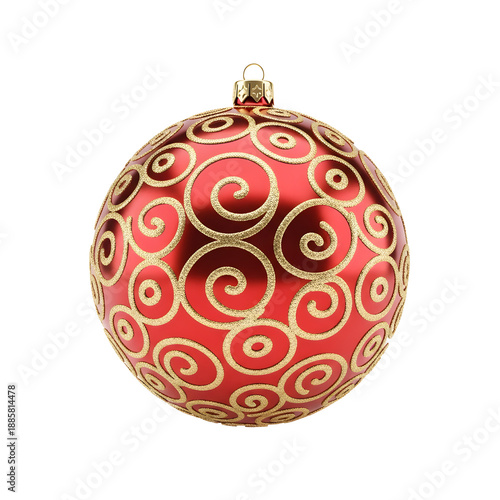 Red Christmas bauble with gold swirling pattern on transparent background