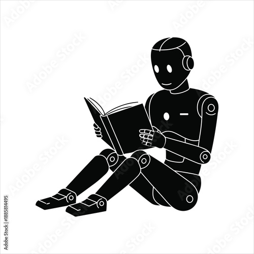 A silhouette of a robot deeply engrossed in reading an open book