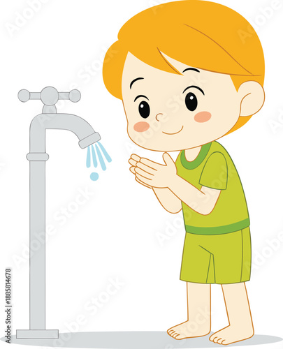 A young boy washing his face under a dripping faucet with a look of surprise and discomfort