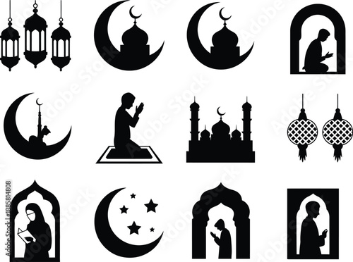 Ramadan kareem islamic symbols and icons moon lantern mosque crescent star arch silhouette