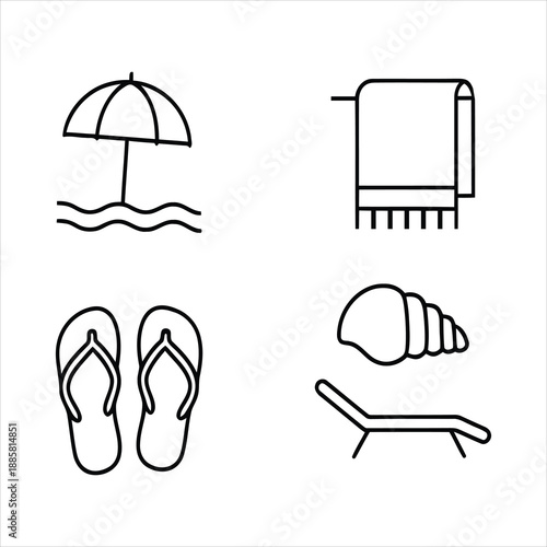 Beach icons including umbrella towel flip flops seashell and lounge chair