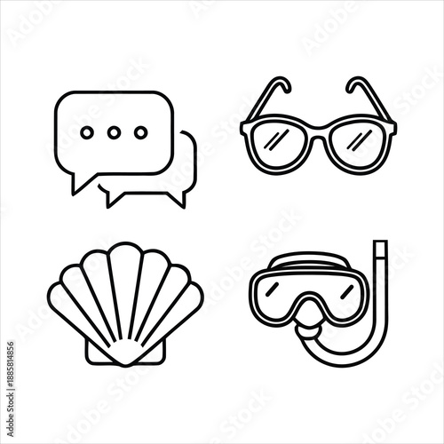 Line art icons depicting a speech bubble sunglasses seashell and diving mask