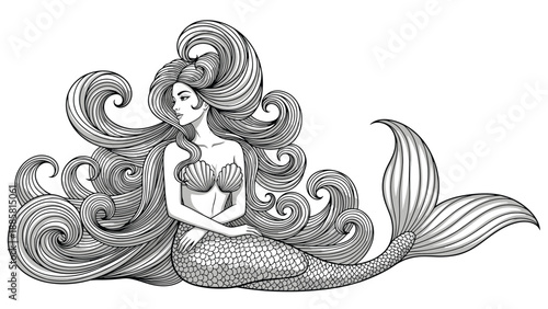 Beautiful intricate line art of a mermaid with long flowing wavy hair and a scaly tail resting in an elegant pose for coloring.