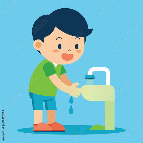 A cartoon boy washing his hands under a running faucet with soap and water