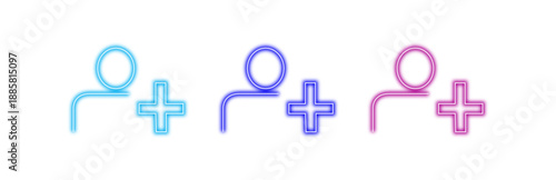 Add user icon with plus sign in multiple colorful neon outlines isolated on transparent background, signifying adding new people or members to a group or platform.