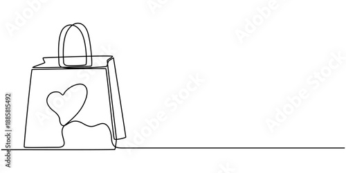 A continuous line drawing of a shopping bag with a heart on it