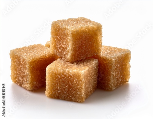 pile of golden brown sugar cubes isolated on white background