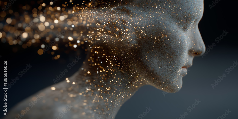 Fototapeta premium Expression of human thoughts represented by a profile blending with light particles in a creative and imaginative display at a digital art exhibit in 2023