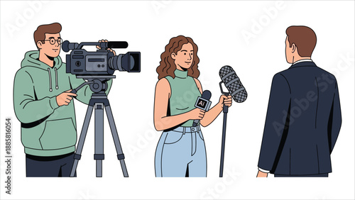 News Interview with Reporter and Cameraman Illustration.eps