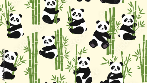 Adorable seamless pattern of giant pandas sitting and climbing on green bamboo stalks over a pale yellow background for kids.