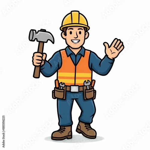 Cartoon construction worker with hammer and wrench.