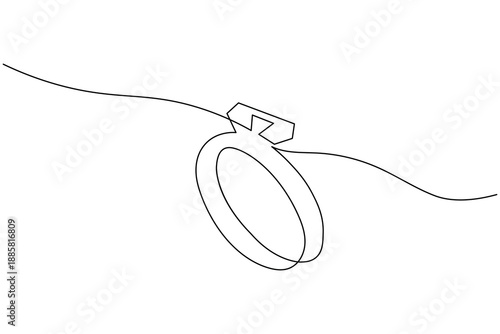 A minimalist continuous line drawing of a classic wedding ring featuring a diamond. This elegant one line art is perfect for wedding invitations and romantic designs.